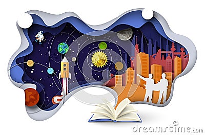 Fantastic book about scientific discoveries space exploration Cartoon Illustration