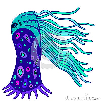 Fantastic, bright alien, monster with blue tentacles from the he Vector Illustration