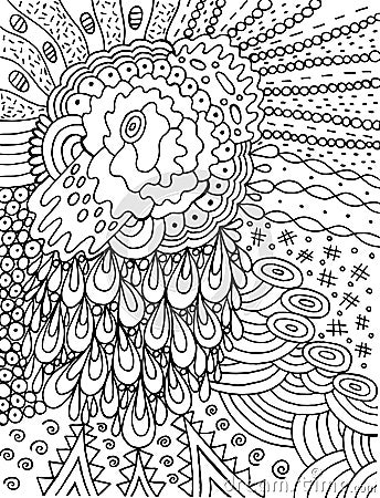 Fantastic cartoon abstract doodle with flower and srops. Ink line drawing. Coloring page for adults. Vector illustration Vector Illustration