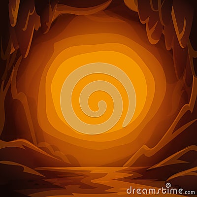Fantastic cavern background. Cartoon cave with stalactites and spotlight copy space for text. Vector Illustration