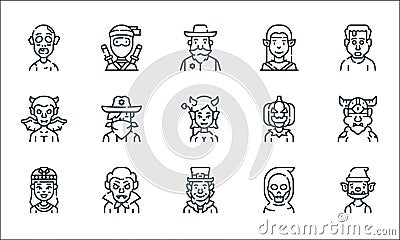 Fantastic characters line icons. linear set. quality vector line set such as goblin, leprechaun, cleopatra, reaper, vampire, devil Vector Illustration