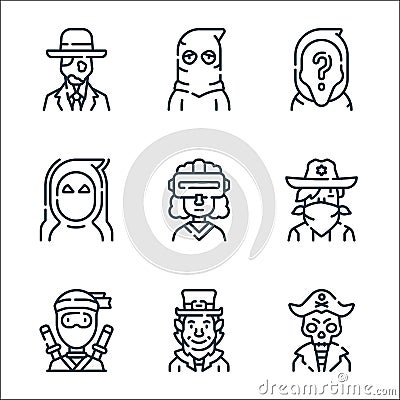 fantastic characters line icons. linear set. quality vector line set such as pirate, leprechaun, ninja, cowboy, virtual glasses, Vector Illustration