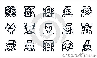 Fantastic characters line icons. linear set. quality vector line set such as wizard, yeti, elf, necromancer, cowboy, cerberus, Vector Illustration