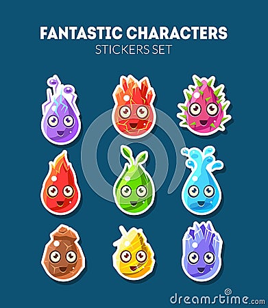 Fantastic Characters Stickers Set, Cute Funny Fantasy Colorful Creatures Vector Illustration Vector Illustration