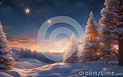 Fantastic Christmas landscape with snowy fir trees and starry sky Stock Photo