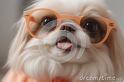 Fantastic close-up photo of a cute funny Japanese Chin in orange sunglasses on a light background Stock Photo