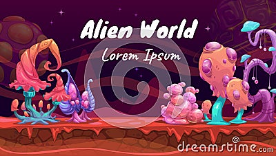 Fantastic colorful glossy mushrooms. Fantasy cartoon alien world landscape. Vector Illustration