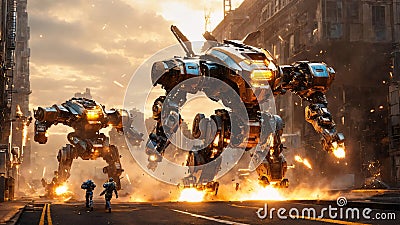 Fantastic combative robots in a military battle in a destroyed city Stock Photo