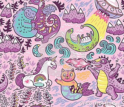 Fantastic creatures, animal pattern. Vector cute background Vector Illustration