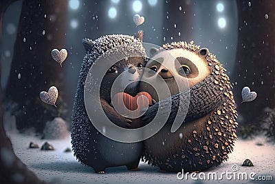 Fantastic creatures, Anthropomorphic animals and Adorable beings celebrating love, tenderness and affection in a magical snowy Stock Photo