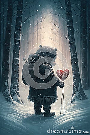 Fantastic creatures, Anthropomorphic animals and Adorable beings celebrating love, tenderness and affection in a magical snowy Stock Photo