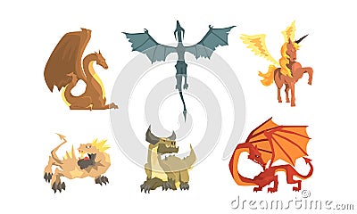 Fantastic Creatures with Fire Breathing Dragon and Pegasus Vector Set Vector Illustration