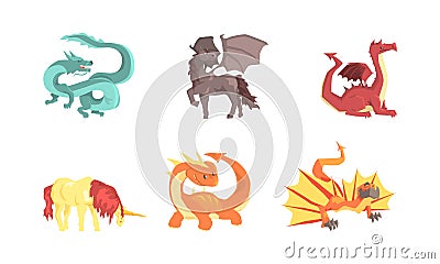 Fantastic Creatures with Fire Breathing Dragon and Unicorn Vector Set Vector Illustration