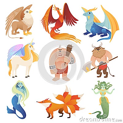 Fantastic creatures. Phoenix dragon hybrid animals flying lion minotaur centaur vector cartoon pictures Vector Illustration