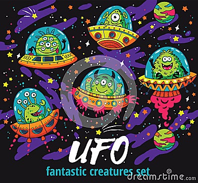 Fantastic creatures set in the galaxy. Funny monsters background Vector Illustration