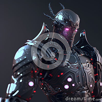 fantastic cyborg ninja in futuristic hight-tech armor, closeup portrait, neural network generated art Stock Photo