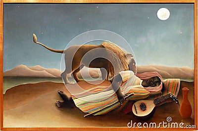 Photo of the original painting `The Sleeping Gypsy` by Henry Rousseau Editorial Stock Photo