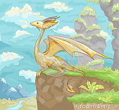 Fantastic dragon. Fantastic landscape with dragon. Fantastic han Vector Illustration