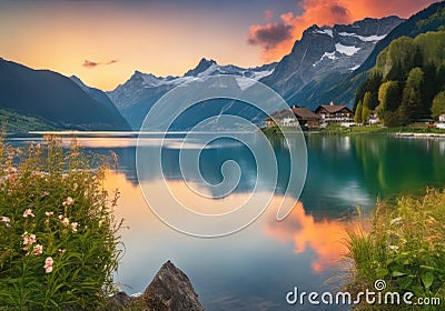 Fantastic evening mountain landscape, Picturesque autumn sunset in Swiss alps Stock Photo