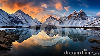 Fantastic evening panorama of Bachalp lake. AI Generative Stock Photo