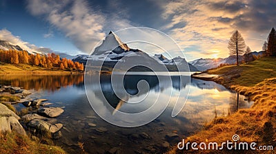 Fantastic evening panorama of Bachalp lake Bachalpsee, Switzerland. Picturesque autumn sunset in Swiss alps, Grindelwald, Stock Photo