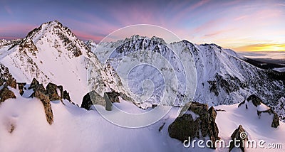 Fantastic evening winter landscape. Colorful overcast sky Stock Photo