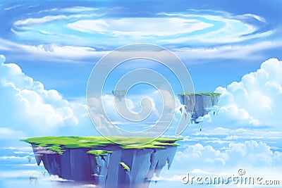 Fantastic and Exotic Allen Planets Environment: The Floating Island in the Clouds Sea Stock Photo