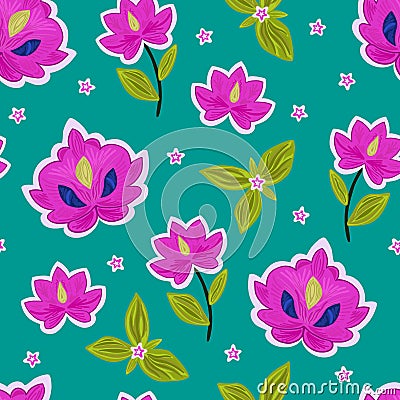 fantastic exotic flowers pink on green background Vector Illustration