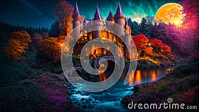 Fantastic fairytale castle, night, moon creative building landscape fantastic cartoon Stock Photo