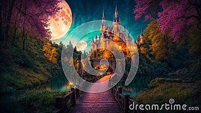 Fantastic fairytale castle, night, moon creative medieval landscape fantastic cartoon Stock Photo