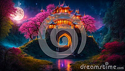 Fantastic fairytale castle, night, moon creative magnificent Stock Photo