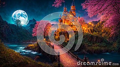 Fantastic fairytale castle, night, moon creative magnificent landscape Stock Photo