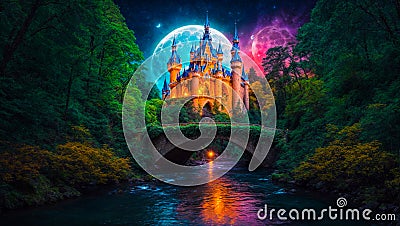 Fantastic fairytale castle, night, moon creative magnificent landscape fantastic Stock Photo