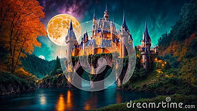 Fantastic fairytale castle, night, moon creative medieval landscape fantastic Stock Photo