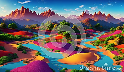 Fantastic fantasy landscape with a blue river and mountains ,AI Generated Stock Photo