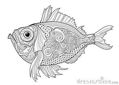 Fantastic fish. Coloring book for children and adults. Illustration in zentangle style. Printable page for drawing and meditation Vector Illustration