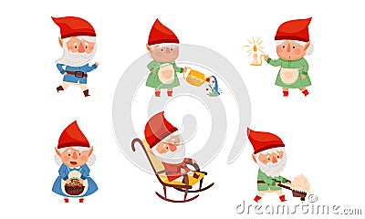 Fantastic Gnome Character with White Beard and Red Pointed Hat Vector Illustration Set Vector Illustration