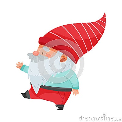 Fantastic Gnome Character with White Beard and Red Pointed Hat Walking Vector Illustration Vector Illustration