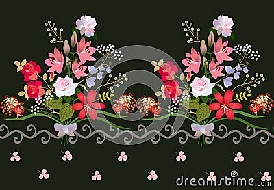 Fantastic horizontal border with luxury bouquets of garden flowers, fairy small peacocks, waved ornament and pink leaves of clover Vector Illustration