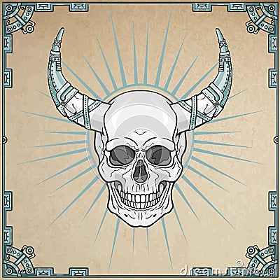 Fantastic horned human skull in iron armor. Vector Illustration