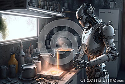 Fantastic humanoid robot cooks food in the kitchen Stock Photo