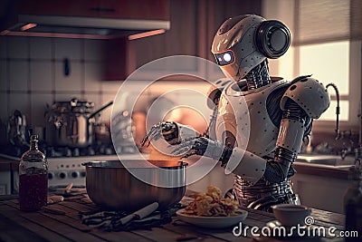 Fantastic humanoid robot cooks food in the kitchen Stock Photo