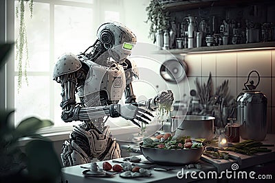 Fantastic humanoid robot learns to cook food Stock Photo