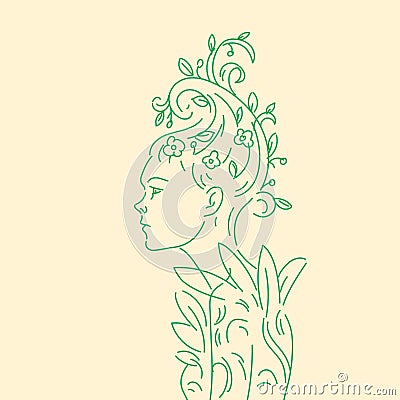 A fantastic illustration depicts a girl nature. A pretty girl wrapped in plants with leaves and flowers. Vector Illustration