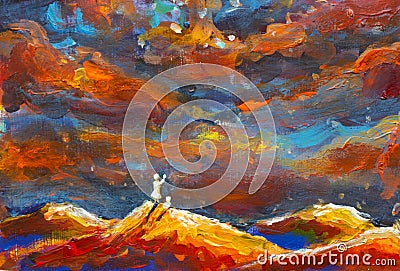 Fantastic illustration painting. Girl and cat on an orange mountain top look at starry sky, universe. Artwork for book Cartoon Illustration