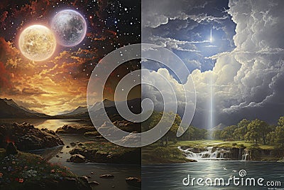 Fantastic image of fabulous landscape of day and night. Fluffy clouds are painted with bright colors. Stock Photo