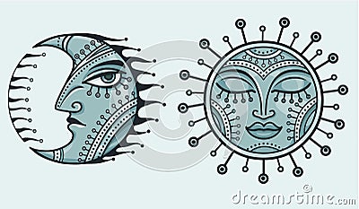 Fantastic iron moon and sun. Vector Illustration