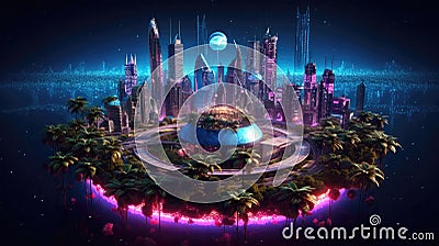 A Fantastic Island Floating With Art Deco Metropolis Skyscrapers Lights Stars Sky. Generative AI Stock Photo