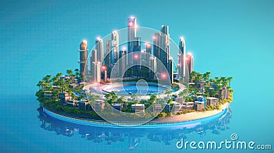 A Fantastic Island Floating With Art Deco Metropolis Skyscrapers Neon Lights. Generative AI Stock Photo