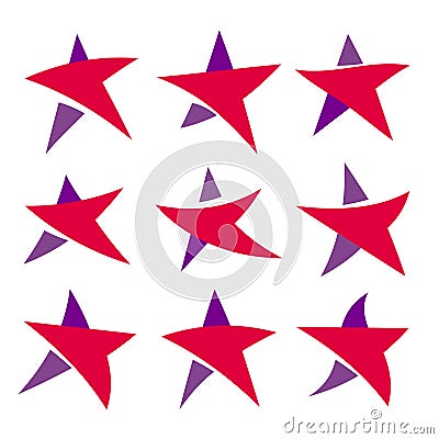 Fantastic isolated simpe flat red and violet color stars set of unusual shape. Collection of vector logos of the Vector Illustration
